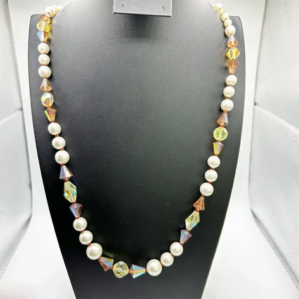 Vintage Vendome Signed Faux Pearl & Sparkle Beaded Long Necklace 28